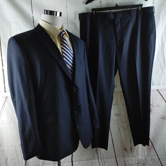 Caravelli Slim Fit Italian design Harry 2B Super 150s 48R Navy Blue 2pc Suit - Picture 2 of 16